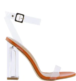 REVOL Maria-2 Clear Chunky Block High Heels for Women, Transparent Strappy Open Toe Shoes Heels for Women