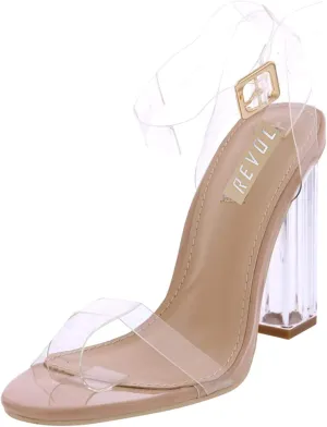 REVOL Maria-2 Clear Chunky Block High Heels for Women, Transparent Strappy Open Toe Shoes Heels for Women