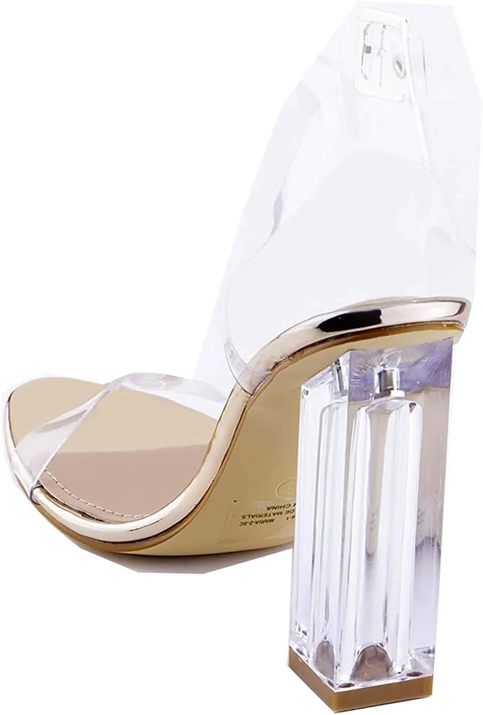 REVOL Maria-2 Clear Chunky Block High Heels for Women, Transparent Strappy Open Toe Shoes Heels for Women