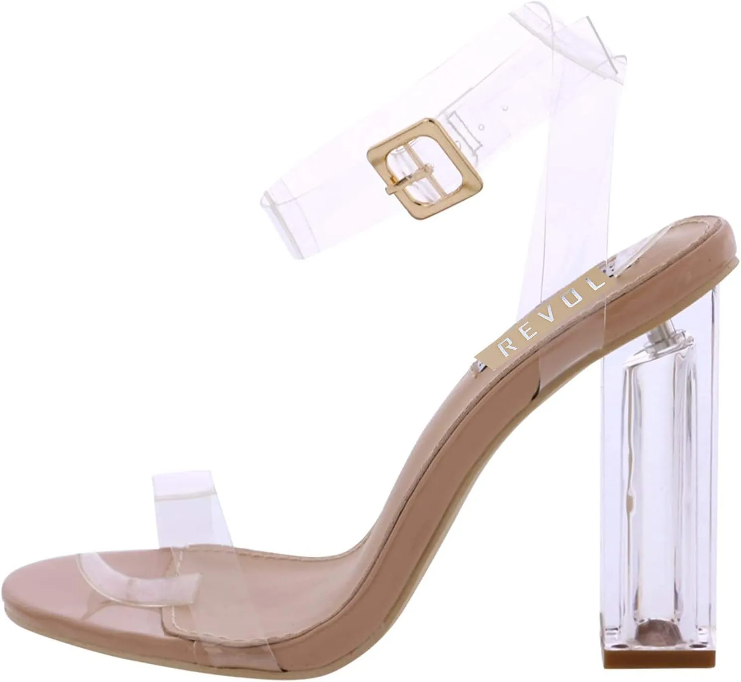 REVOL Maria-2 Clear Chunky Block High Heels for Women, Transparent Strappy Open Toe Shoes Heels for Women