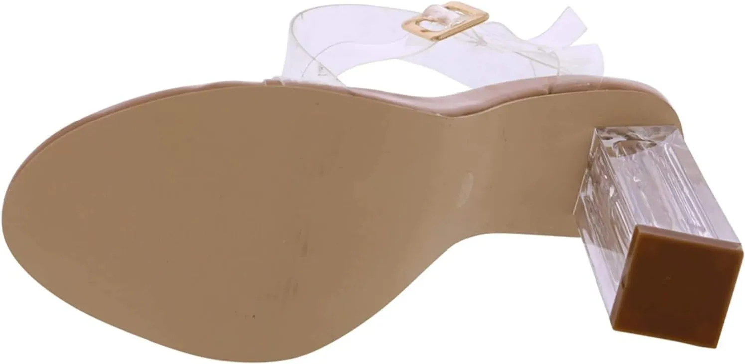 REVOL Maria-2 Clear Chunky Block High Heels for Women, Transparent Strappy Open Toe Shoes Heels for Women