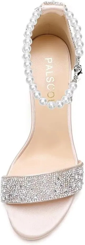Rhinestone Block Heel Wedding Sandals Open Toe Wedding Shoes for Bride Pearl Heels