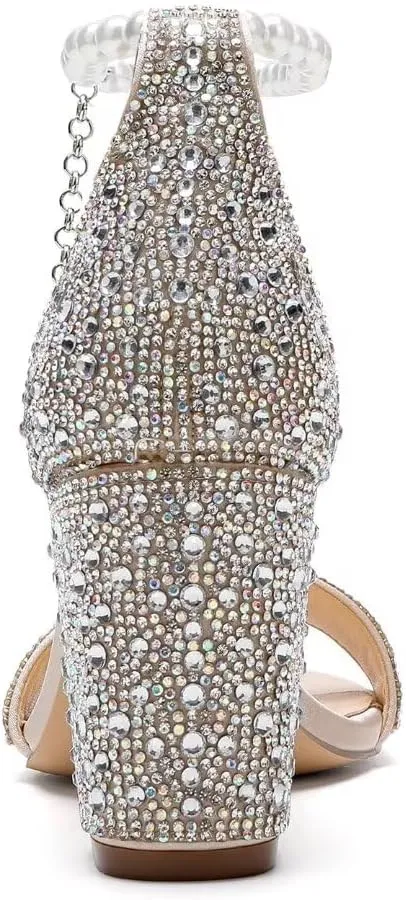 Rhinestone Block Heel Wedding Sandals Open Toe Wedding Shoes for Bride Pearl Heels