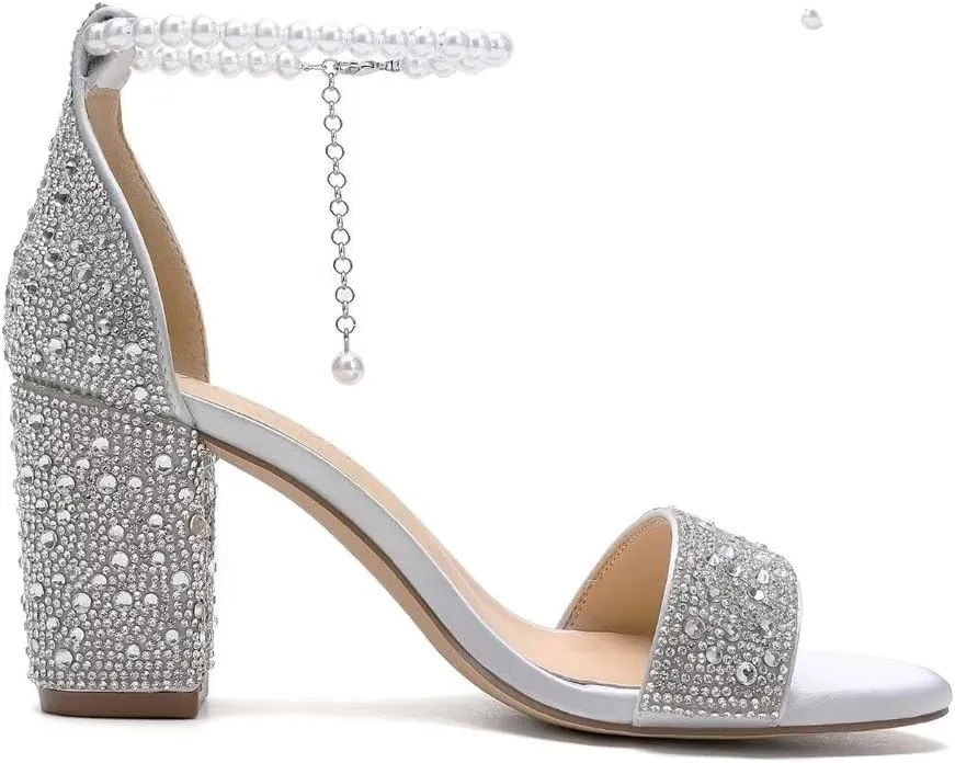 Rhinestone Block Heel Wedding Sandals Open Toe Wedding Shoes for Bride Pearl Heels