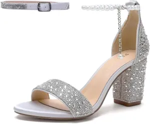 Rhinestone Block Heel Wedding Sandals Open Toe Wedding Shoes for Bride Pearl Heels