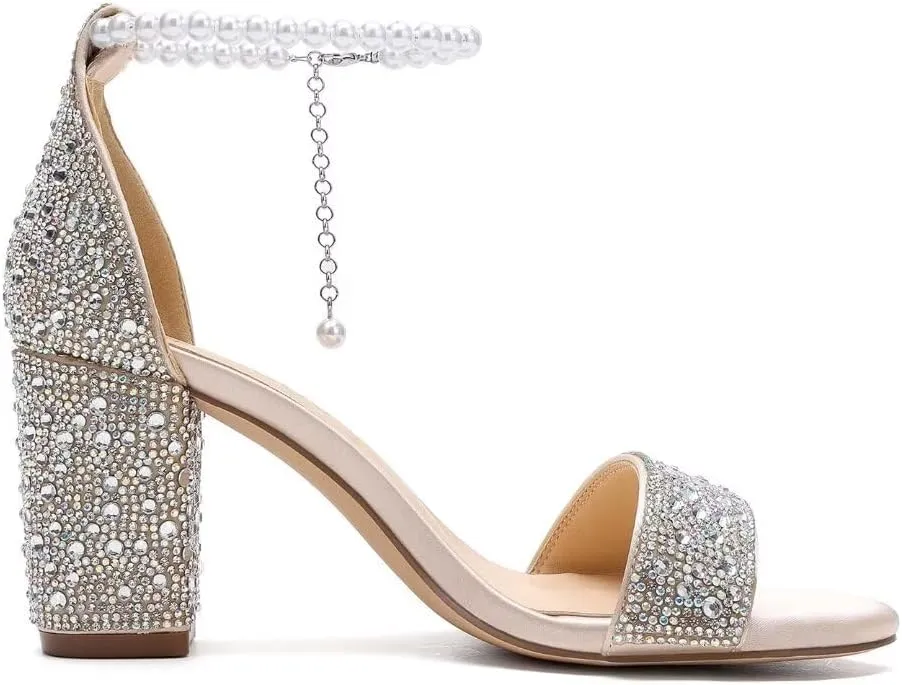Rhinestone Block Heel Wedding Sandals Open Toe Wedding Shoes for Bride Pearl Heels
