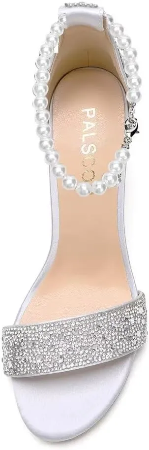 Rhinestone Block Heel Wedding Sandals Open Toe Wedding Shoes for Bride Pearl Heels