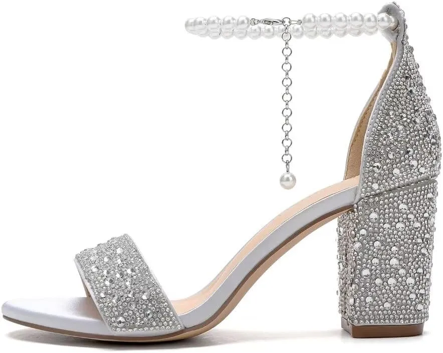 Rhinestone Block Heel Wedding Sandals Open Toe Wedding Shoes for Bride Pearl Heels