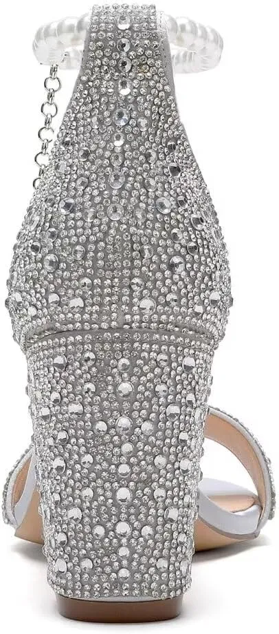 Rhinestone Block Heel Wedding Sandals Open Toe Wedding Shoes for Bride Pearl Heels