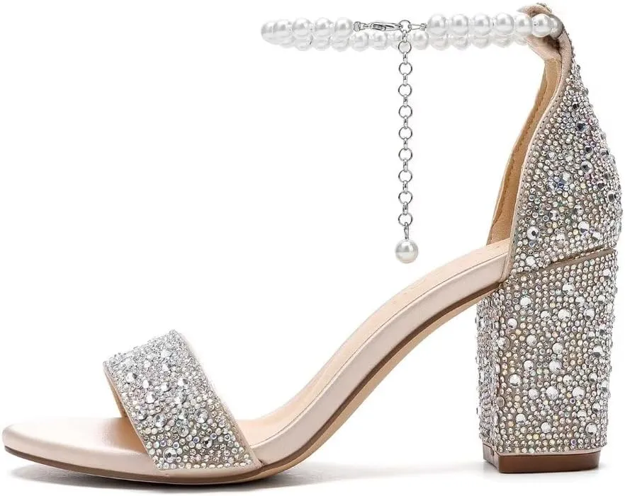 Rhinestone Block Heel Wedding Sandals Open Toe Wedding Shoes for Bride Pearl Heels