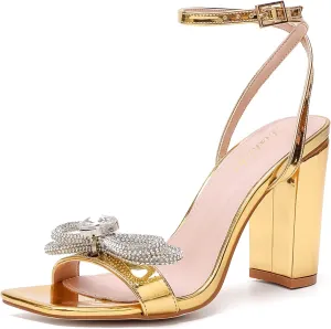 Rhinestone Heels for Women - Sparkling Bow Sandals Slingback Square Toe Chunky Block Heels for Party Wedding
