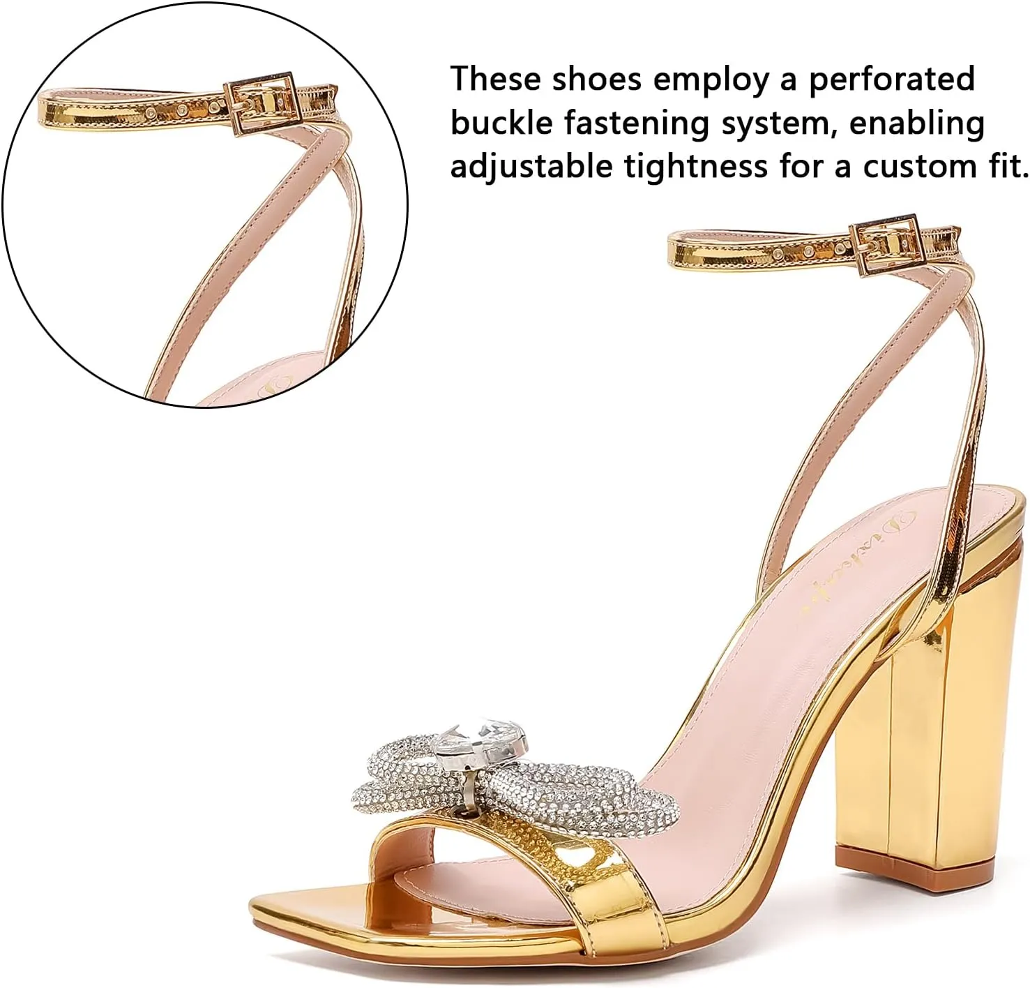 Rhinestone Heels for Women - Sparkling Bow Sandals Slingback Square Toe Chunky Block Heels for Party Wedding