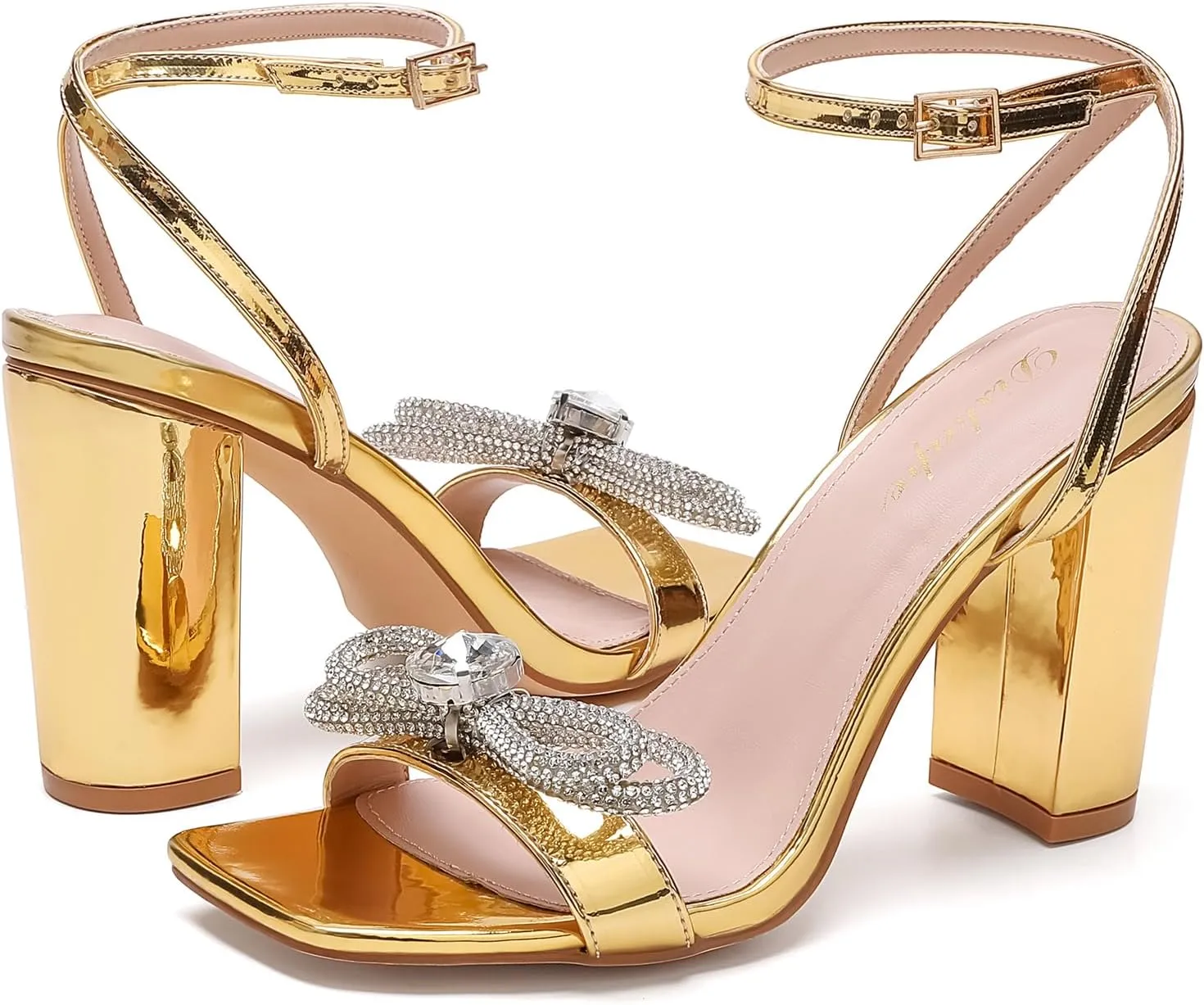 Rhinestone Heels for Women - Sparkling Bow Sandals Slingback Square Toe Chunky Block Heels for Party Wedding