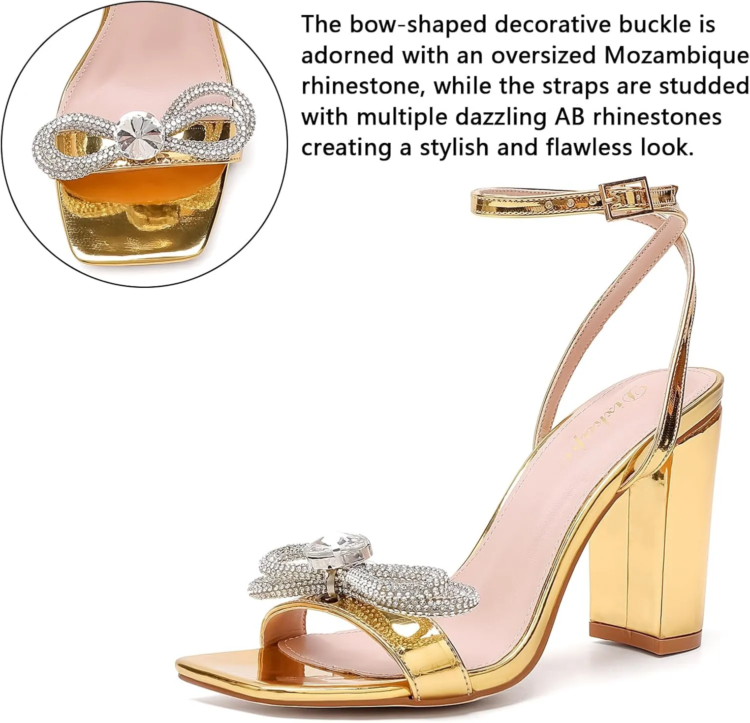 Rhinestone Heels for Women - Sparkling Bow Sandals Slingback Square Toe Chunky Block Heels for Party Wedding