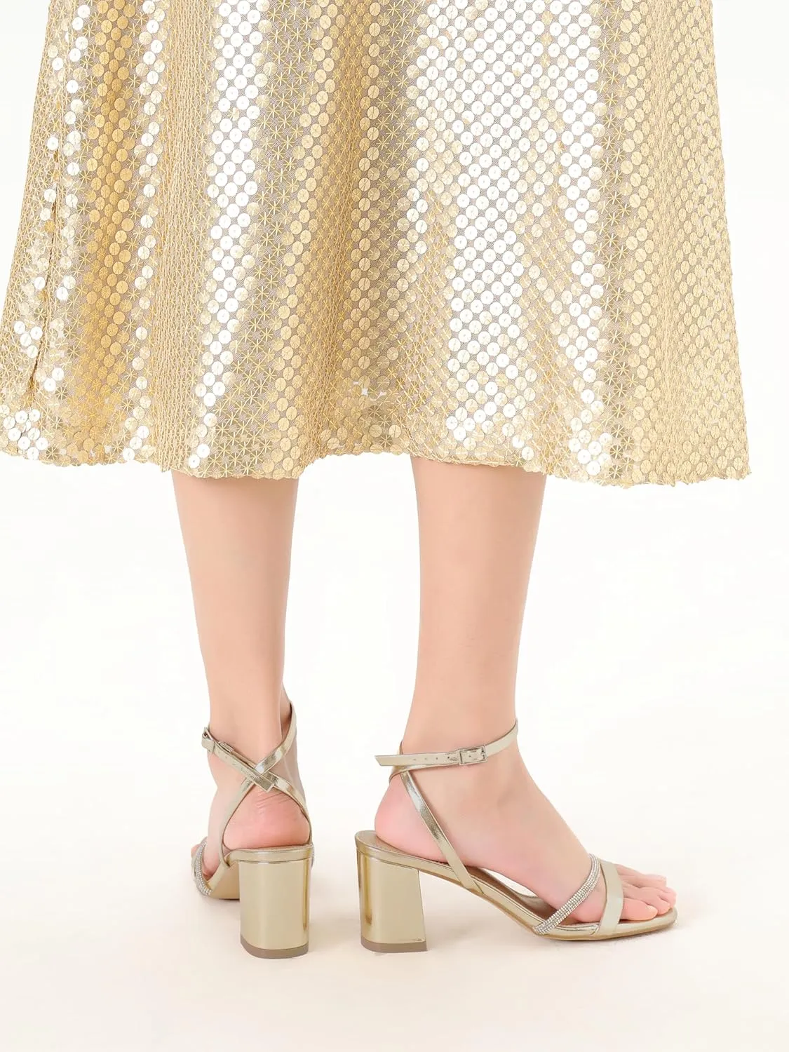 Rhinestone Strappy Heels for Women Square Toe Chunky Block Heels Ankle Buckle Heeled Sandals