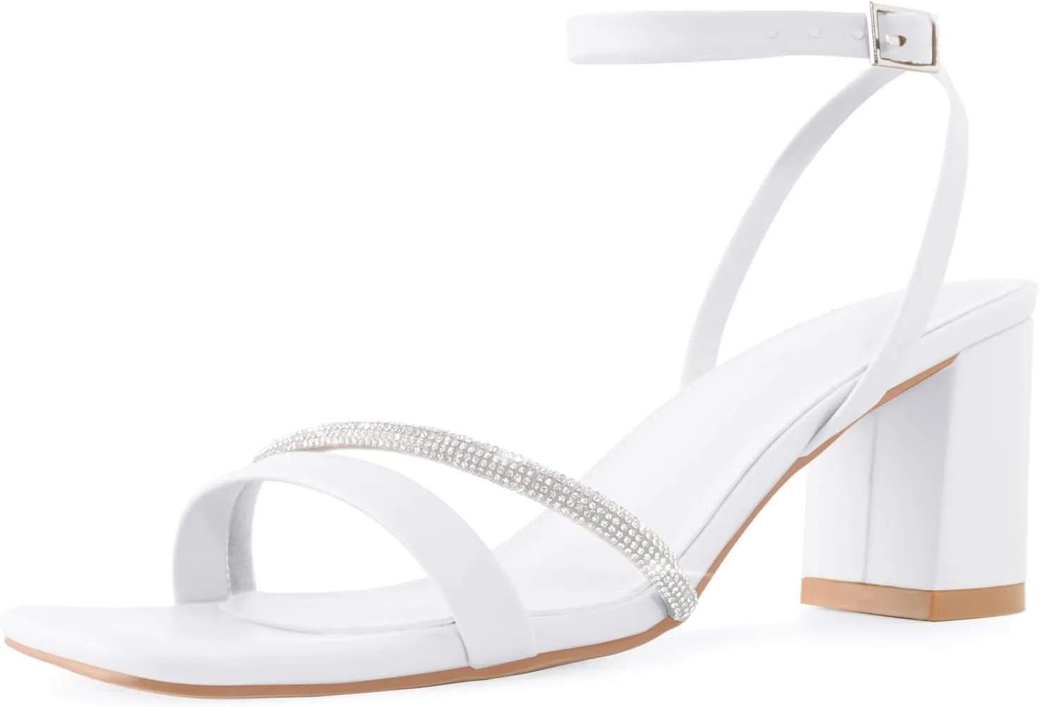 Rhinestone Strappy Heels for Women Square Toe Chunky Block Heels Ankle Buckle Heeled Sandals