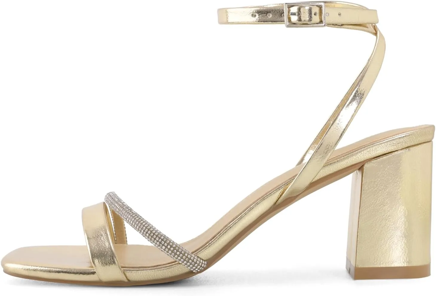 Rhinestone Strappy Heels for Women Square Toe Chunky Block Heels Ankle Buckle Heeled Sandals
