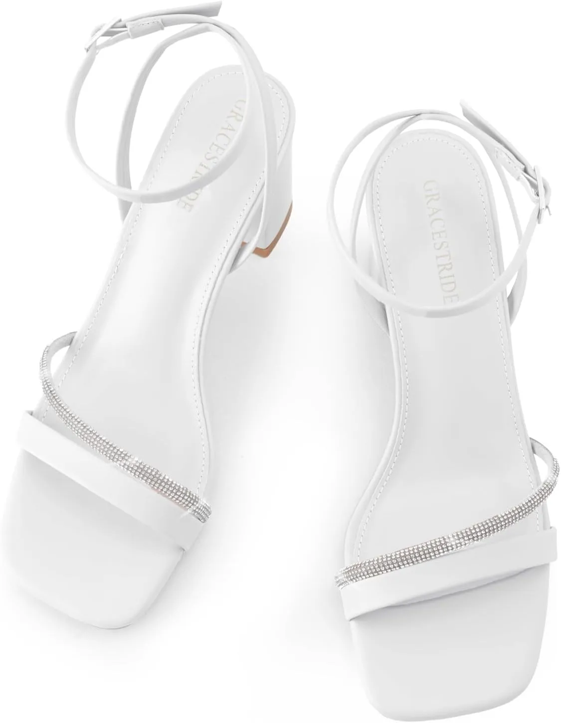 Rhinestone Strappy Heels for Women Square Toe Chunky Block Heels Ankle Buckle Heeled Sandals