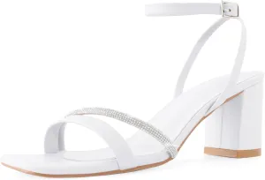 Rhinestone Strappy Heels for Women Square Toe Chunky Block Heels Ankle Buckle Heeled Sandals