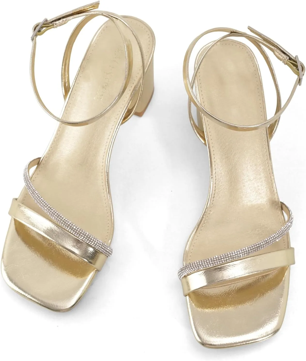 Rhinestone Strappy Heels for Women Square Toe Chunky Block Heels Ankle Buckle Heeled Sandals