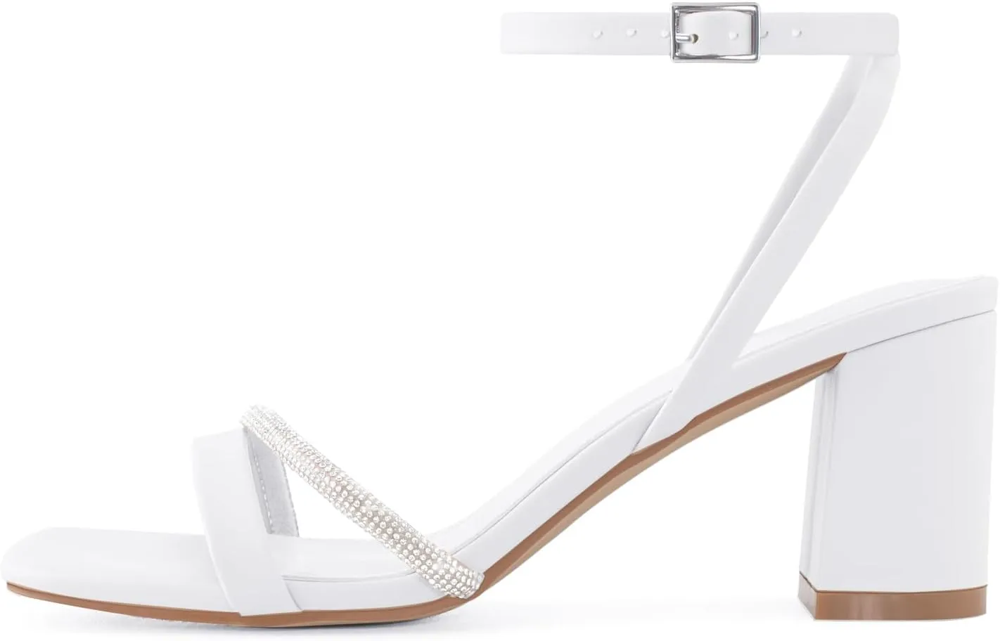 Rhinestone Strappy Heels for Women Square Toe Chunky Block Heels Ankle Buckle Heeled Sandals