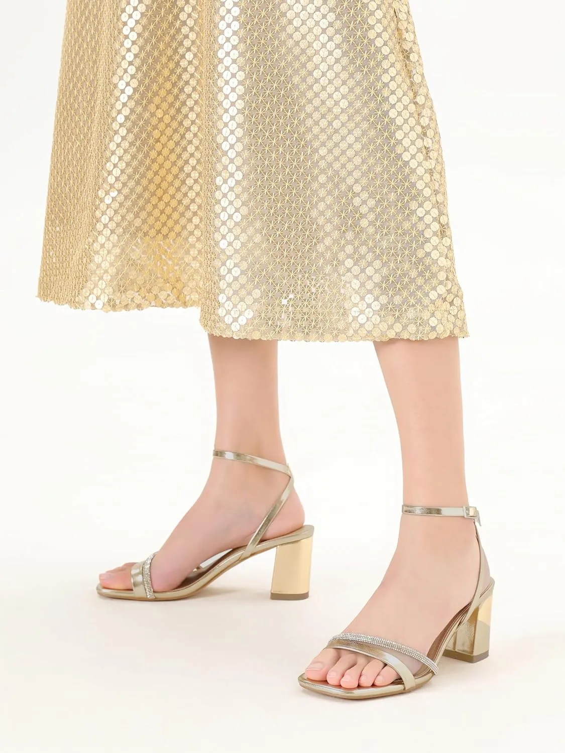 Rhinestone Strappy Heels for Women Square Toe Chunky Block Heels Ankle Buckle Heeled Sandals