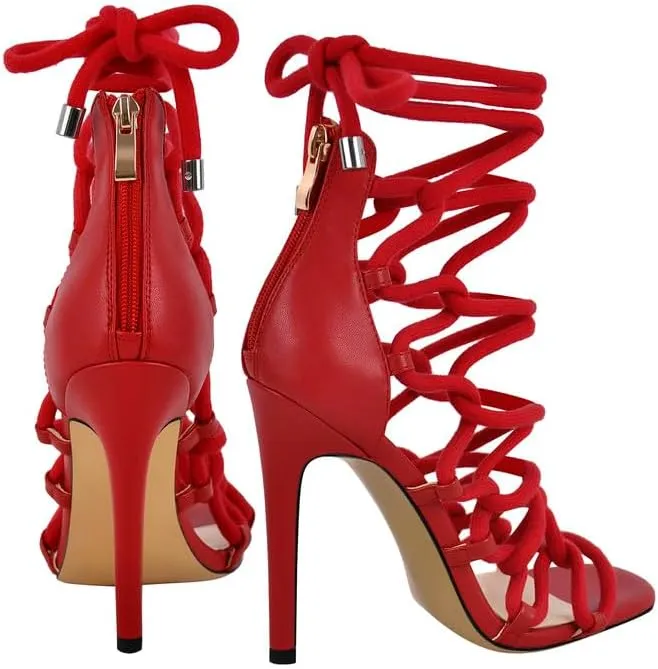 richealnini Rope Heels for Women Crisscross Strap Stiletto Strappy Sandals with Zipper