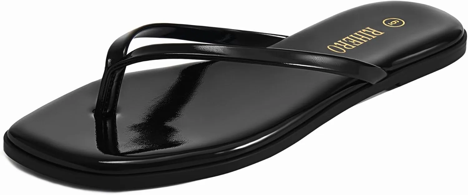 Rihero Flip Flops for Women Comfortable Square Toe Beach Sandals Slip On Leather Thong Flat Sandals Dressy