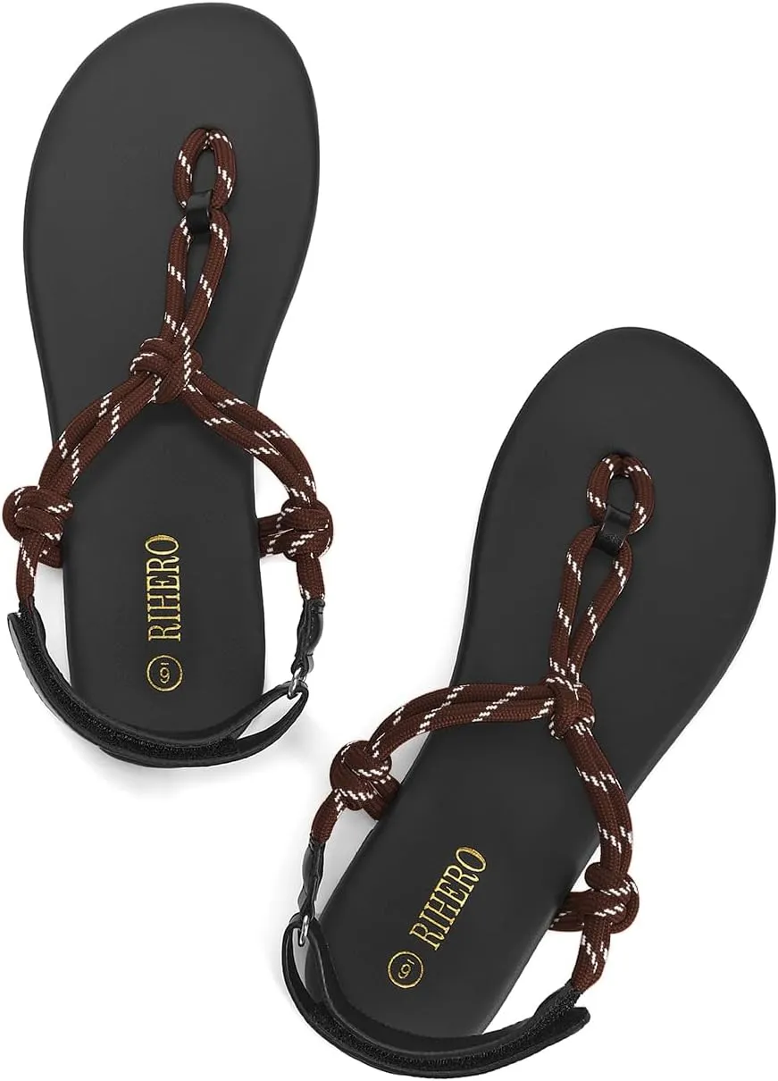 Rihero Rope Thong Sandals for Women Beach Flip Flops Comfortable Ankle Strap Slip-On Flat Sandals