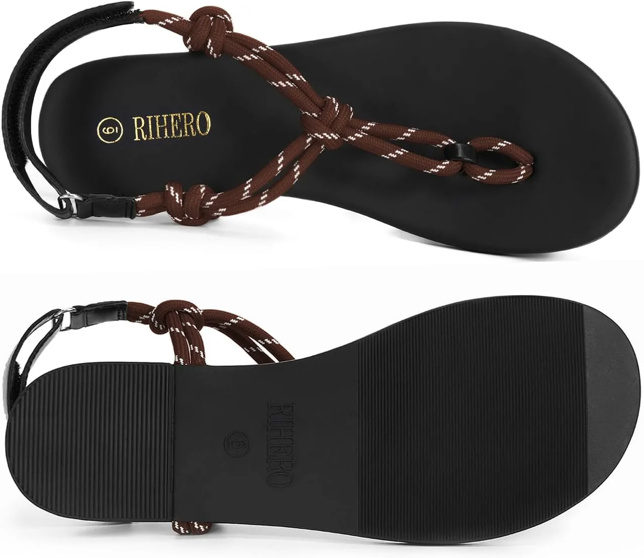 Rihero Rope Thong Sandals for Women Beach Flip Flops Comfortable Ankle Strap Slip-On Flat Sandals