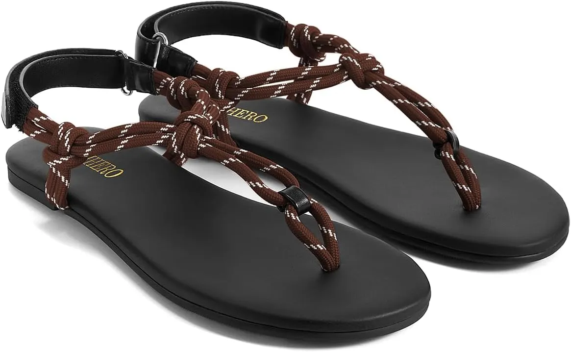 Rihero Rope Thong Sandals for Women Beach Flip Flops Comfortable Ankle Strap Slip-On Flat Sandals