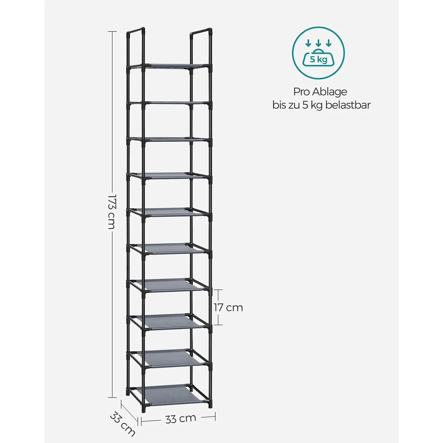 Rootz Gray Shoe Rack Organizer - Storage Rack - Shoe Stand - Non-Woven Fabric Shelves - Metal Tubes - Plastic Connectors - Space Saving - Easy Assembly - Lightweight - 33cm x 33cm x 173cm