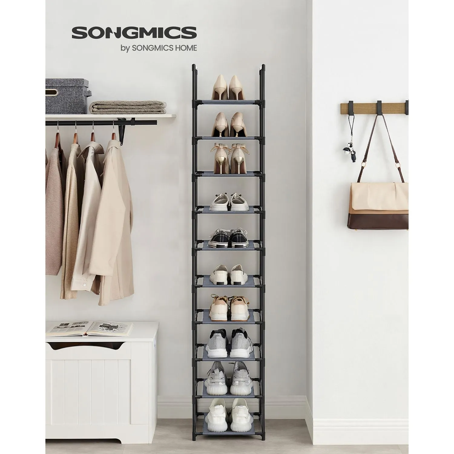 Rootz Gray Shoe Rack Organizer - Storage Rack - Shoe Stand - Non-Woven Fabric Shelves - Metal Tubes - Plastic Connectors - Space Saving - Easy Assembly - Lightweight - 33cm x 33cm x 173cm