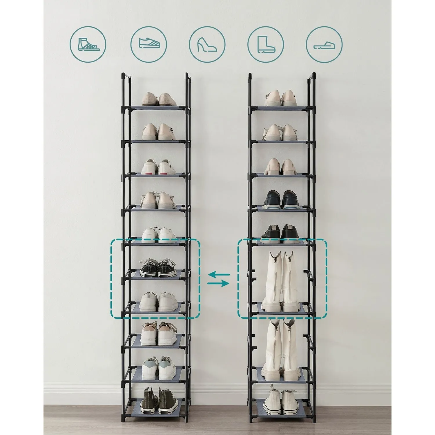 Rootz Gray Shoe Rack Organizer - Storage Rack - Shoe Stand - Non-Woven Fabric Shelves - Metal Tubes - Plastic Connectors - Space Saving - Easy Assembly - Lightweight - 33cm x 33cm x 173cm