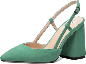 ROSERWISH Womens Slingback Buckle Pointed Toe Dress Suede Party Stylish Block High Heel Pumps Shoes 3.3 Inch