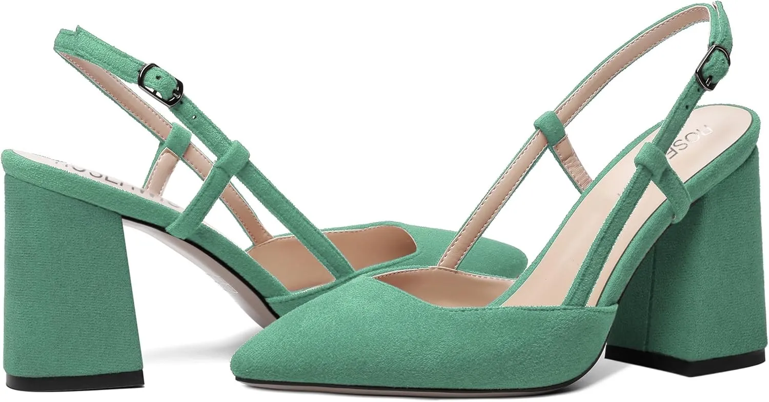 ROSERWISH Womens Slingback Buckle Pointed Toe Dress Suede Party Stylish Block High Heel Pumps Shoes 3.3 Inch