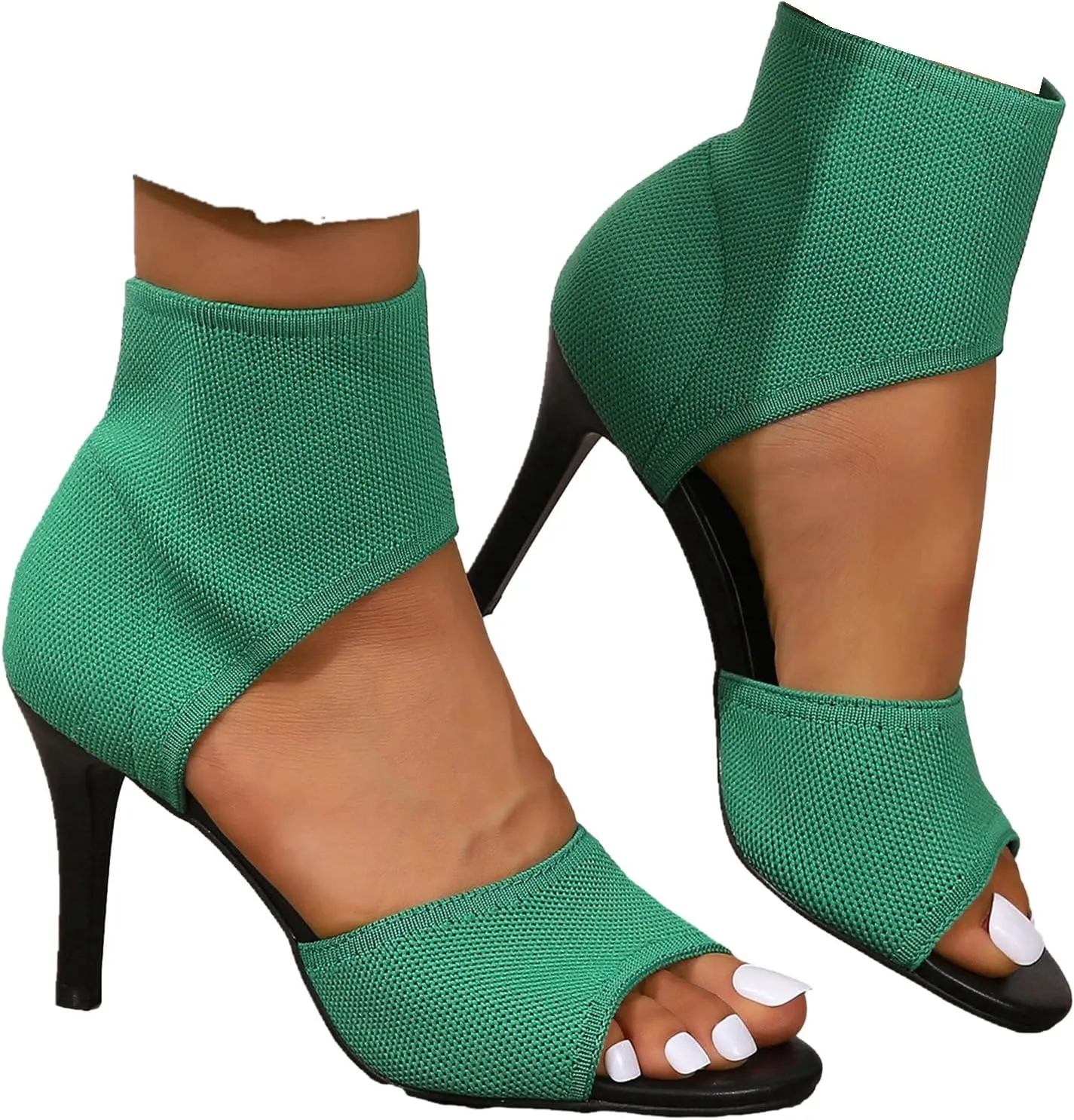 SACFOF Women's Peep Toe Stiletto Heeled Sandals Summer Stretchy Knitted Fabric Open Toe High Heels for Dressy Wedding