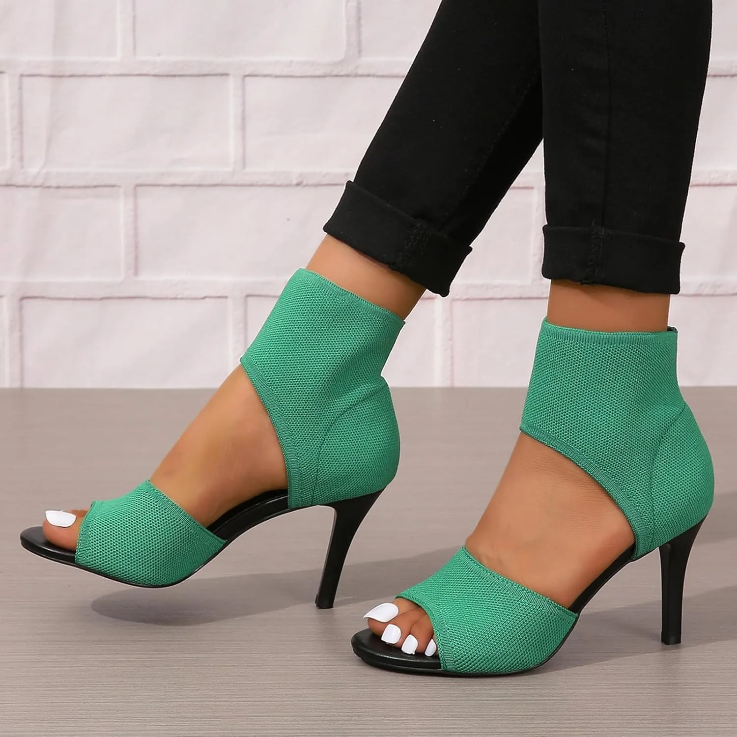 SACFOF Women's Peep Toe Stiletto Heeled Sandals Summer Stretchy Knitted Fabric Open Toe High Heels for Dressy Wedding