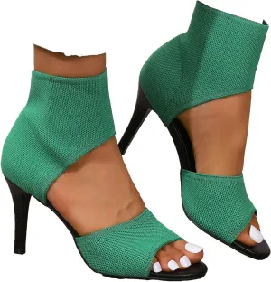 SACFOF Women's Peep Toe Stiletto Heeled Sandals Summer Stretchy Knitted Fabric Open Toe High Heels for Dressy Wedding