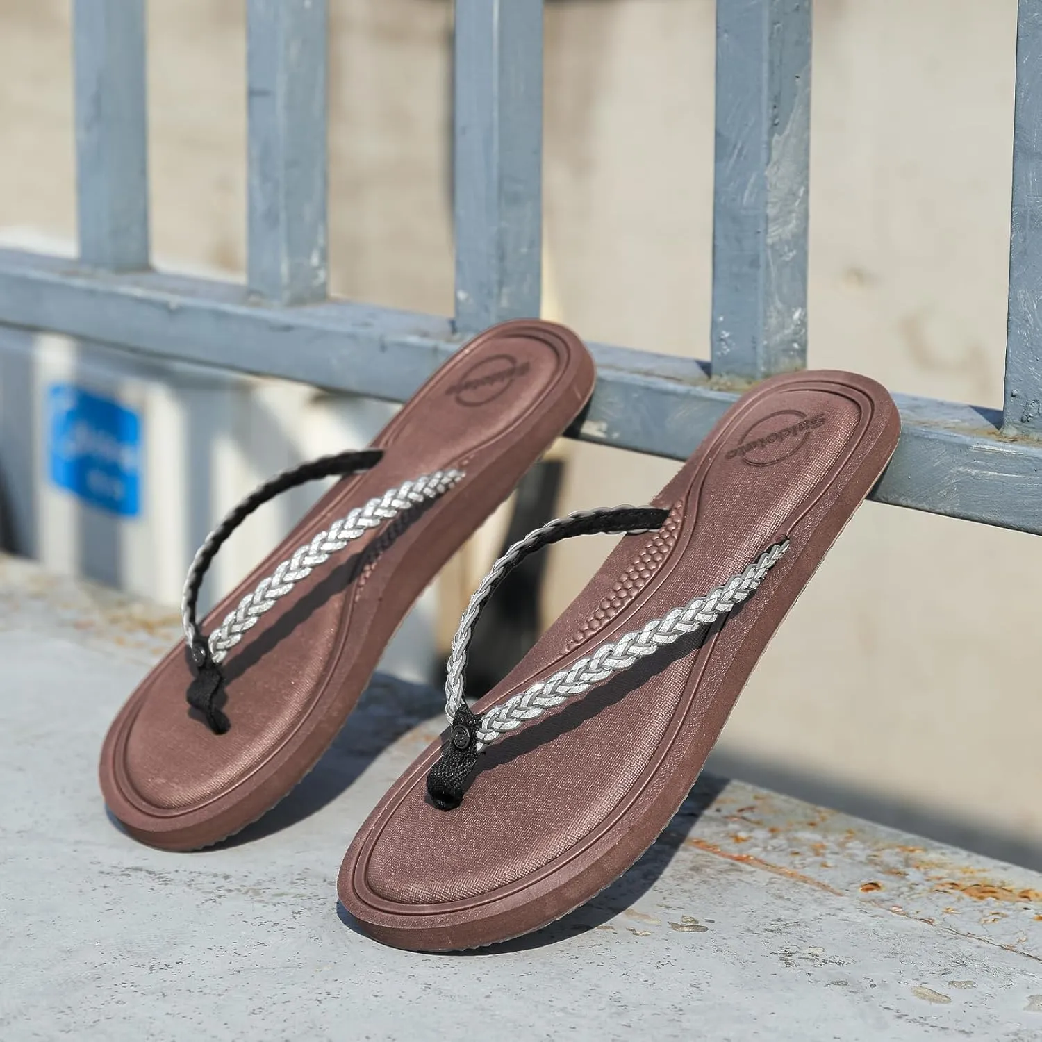 Saidoteto Women's Glittery Dressy Flip Flops, Casual Braided Slip-On Summer Beach Thong Sandals with Slim T-Strap