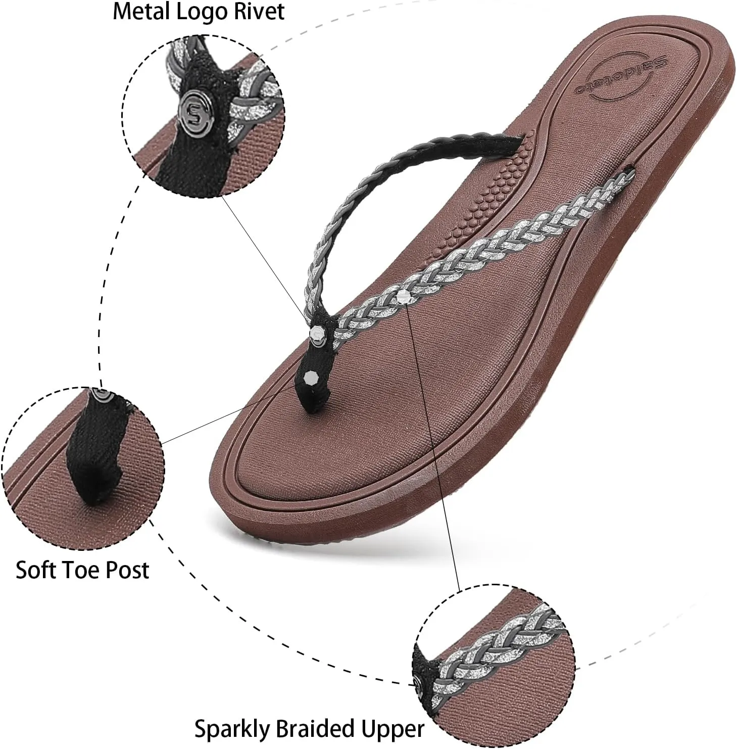 Saidoteto Women's Glittery Dressy Flip Flops, Casual Braided Slip-On Summer Beach Thong Sandals with Slim T-Strap