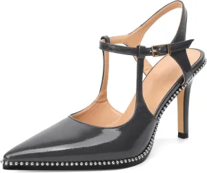 SAMMITOP Womens High Heels Pointed Toe Ankle Strap Pumps Silver Beaded T-Strap Stilettos Sexy Heeled Office Wedding Dress Shoes 3.5 Inch