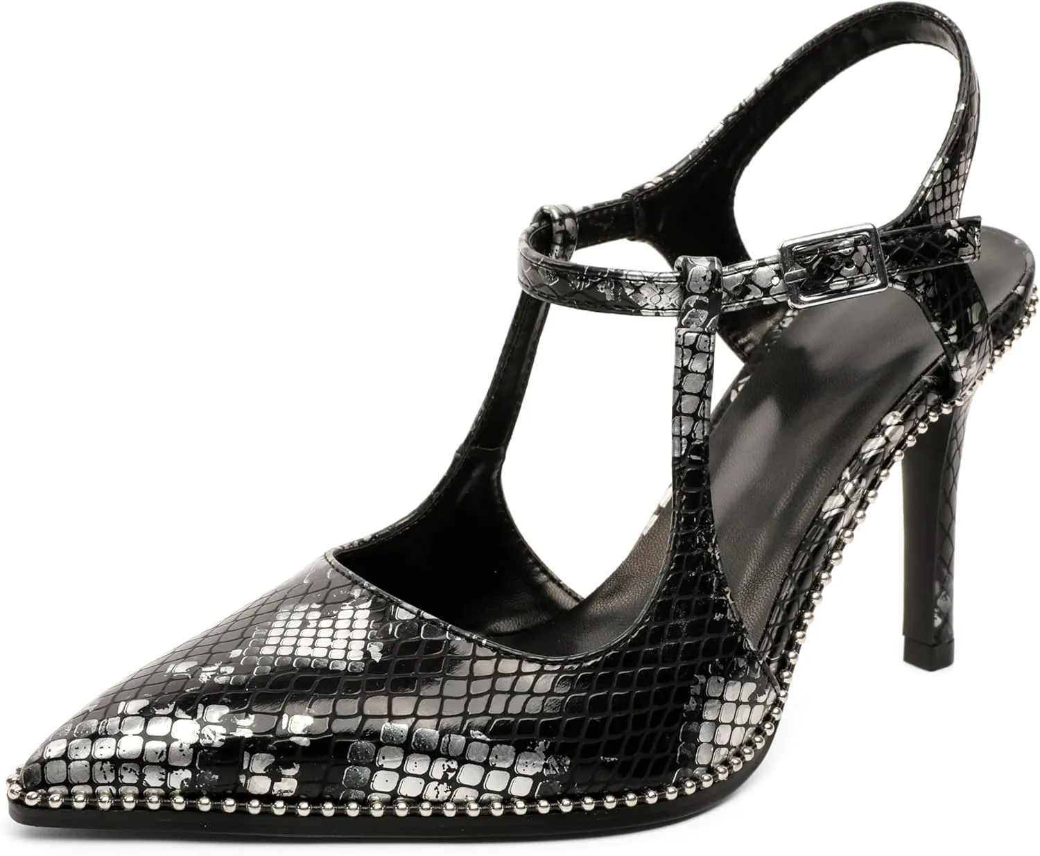 SAMMITOP Womens High Heels Pointed Toe Ankle Strap Pumps Silver Beaded T-Strap Stilettos Sexy Heeled Office Wedding Dress Shoes 3.5 Inch
