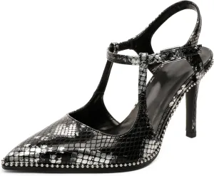 SAMMITOP Womens High Heels Pointed Toe Ankle Strap Pumps Silver Beaded T-Strap Stilettos Sexy Heeled Office Wedding Dress Shoes 3.5 Inch