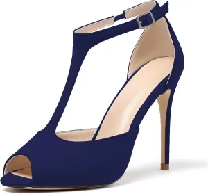 SAMMITOP Women's Peep Toe 10CM T-Strap Ankle Buckle High Heel Sandals