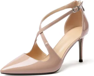 SAMMITOP Women's Pointed toe Cross Strappy Heels Ankle Strap Buckle Pumps Classic High Heels 3.34" for Wedding Dress Party