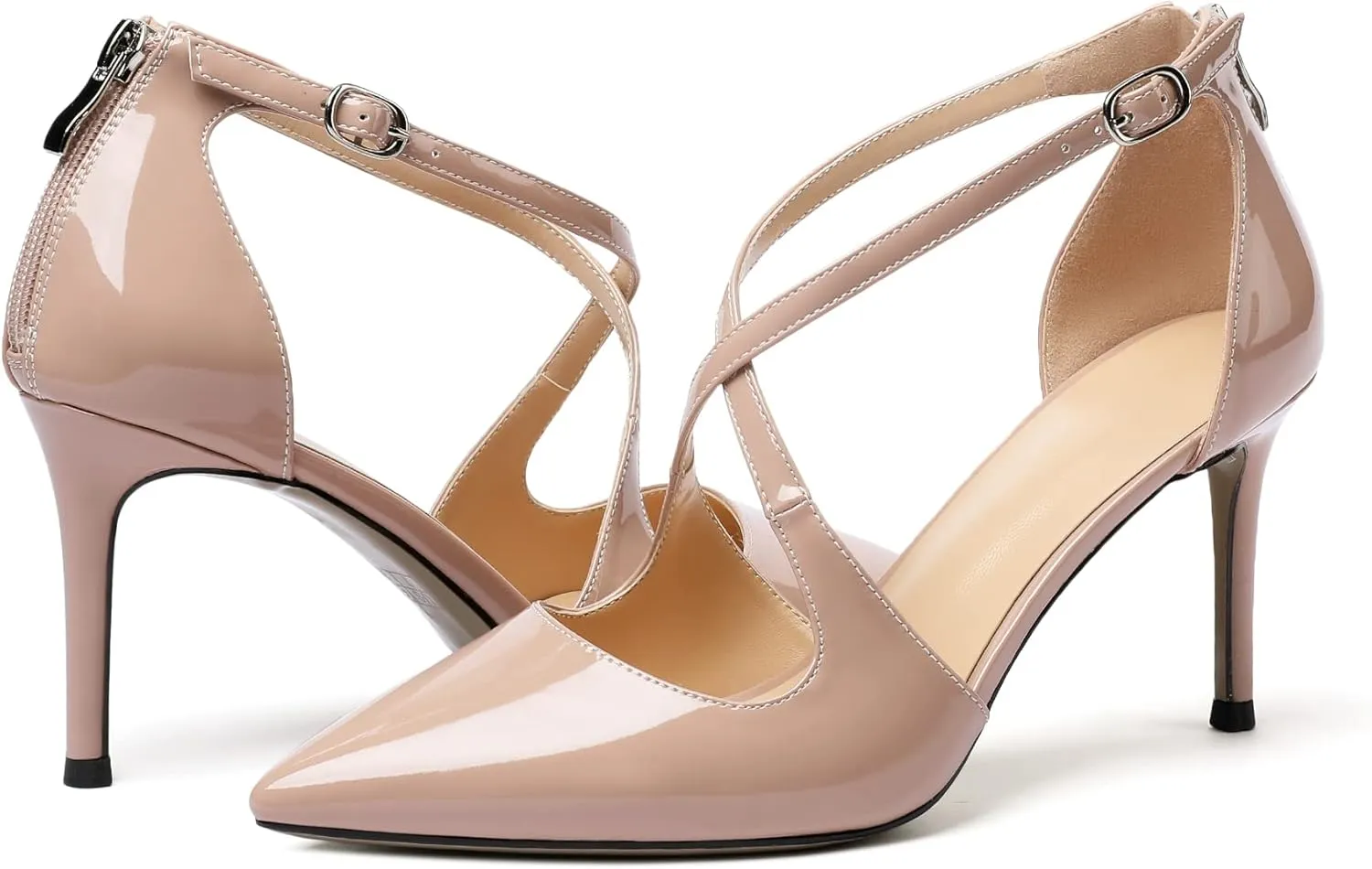 SAMMITOP Women's Pointed toe Cross Strappy Heels Ankle Strap Buckle Pumps Classic High Heels 3.34" for Wedding Dress Party