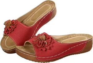 Sandals for Women 2025 Lightweight Flowers Orthopedic Sandal Low Wedge Heel Comfortable Open Toe Hollow Out Slippers Casual Boho Slip on Beach Walking Sandals for Dressy Casual Wear