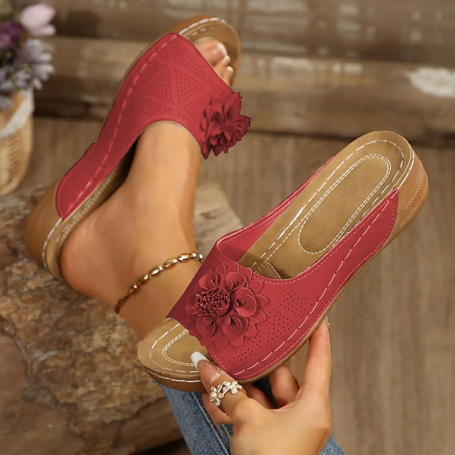 Sandals for Women 2025 Lightweight Flowers Orthopedic Sandal Low Wedge Heel Comfortable Open Toe Hollow Out Slippers Casual Boho Slip on Beach Walking Sandals for Dressy Casual Wear