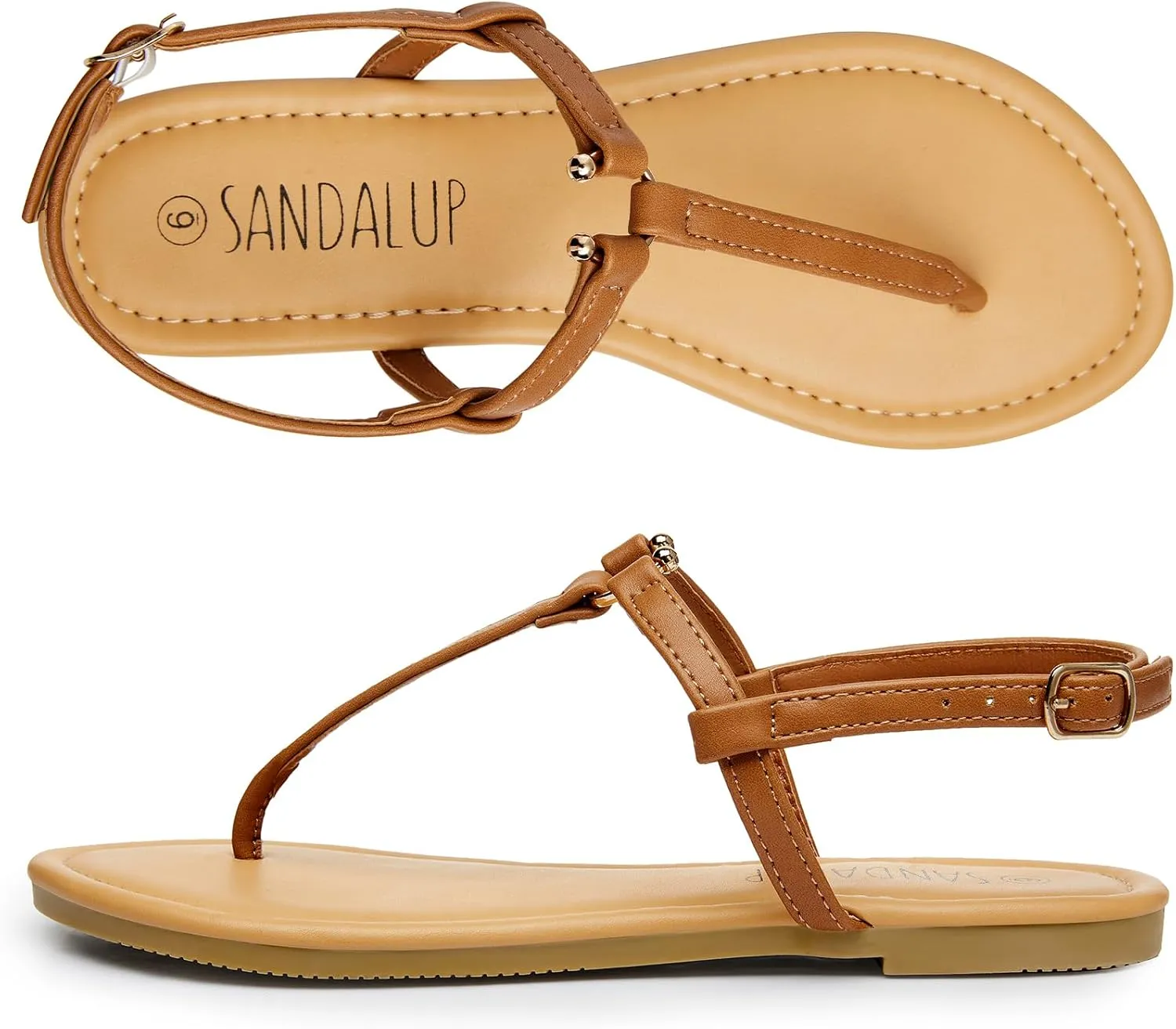 SANDALUP Thong Flat Sandals with Ring Metal and Adjustable Ankle Buckle for Women Summer
